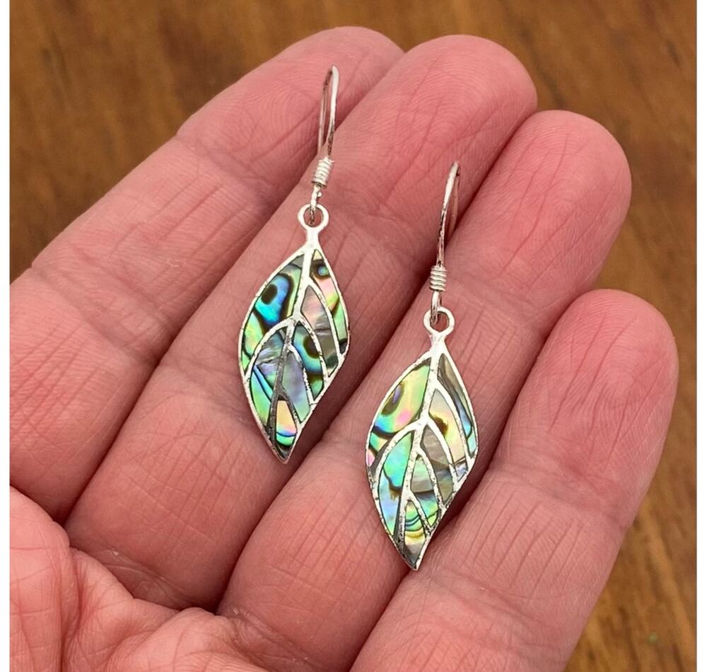 Sterling Silver Abalone Inlay Leaf Earrings 925 Drop Dangle